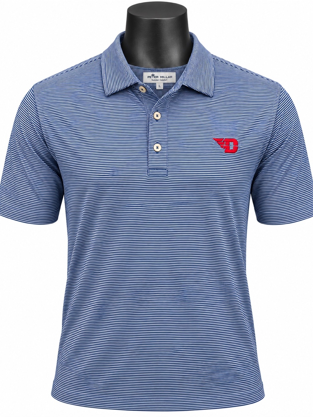 Peter Millar Dayton Flyers Men’s Large Summer Comfort Striped Polo Blue NWT